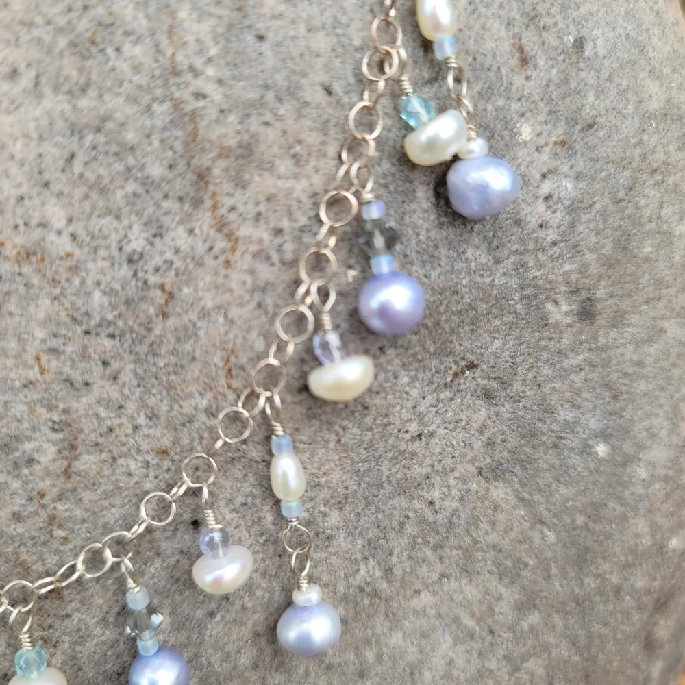 USA Handmade Necklace hand-wire-wrapped Freshwater pearl sterling silver & glass - Picture 5 of 7